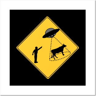 Road Sign Cow and UFO Posters and Art